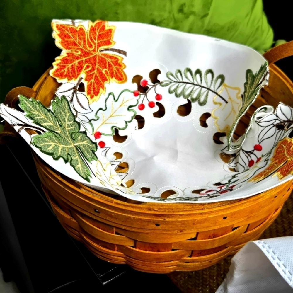 Autumn Themed Embroidered Dollie. White With Green And Orange Fall Leaves.